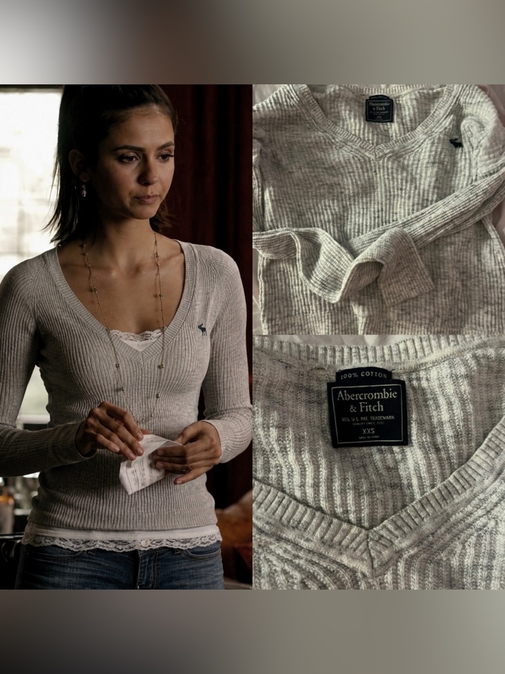 Abercrombie & Fitch Light Gray Ribbed V-Neck Sweater 100% Cotton